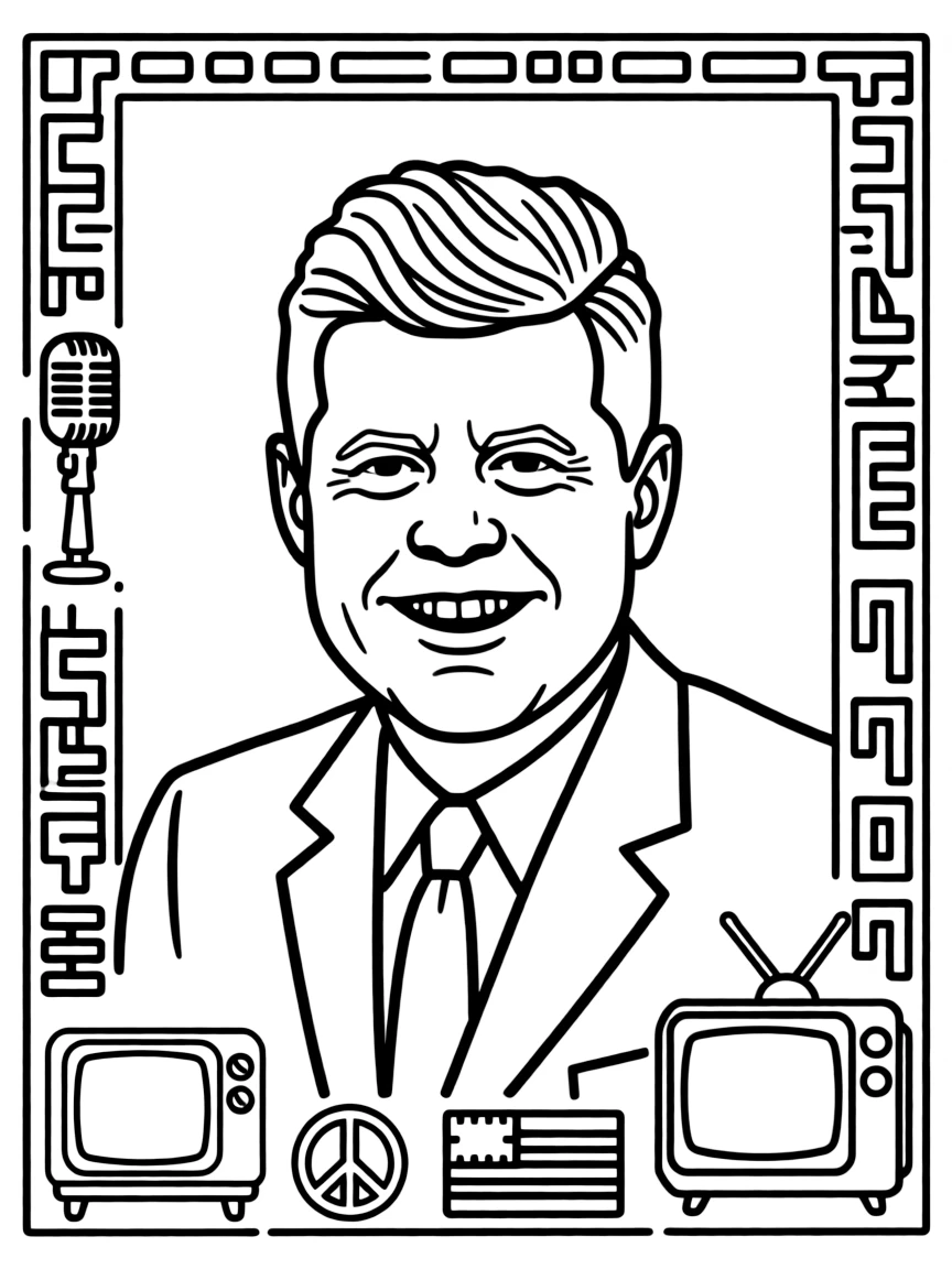 A portrait of John F. Kennedy with a big smile, framed with decorative borders and symbols of their time period.