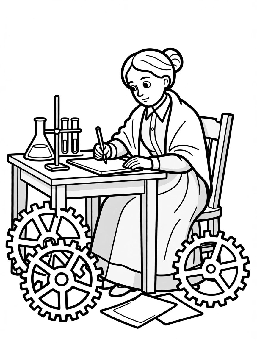 Susan B. Anthony working on their famous invention or idea, with gears, papers, or lab equipment drawn simply.