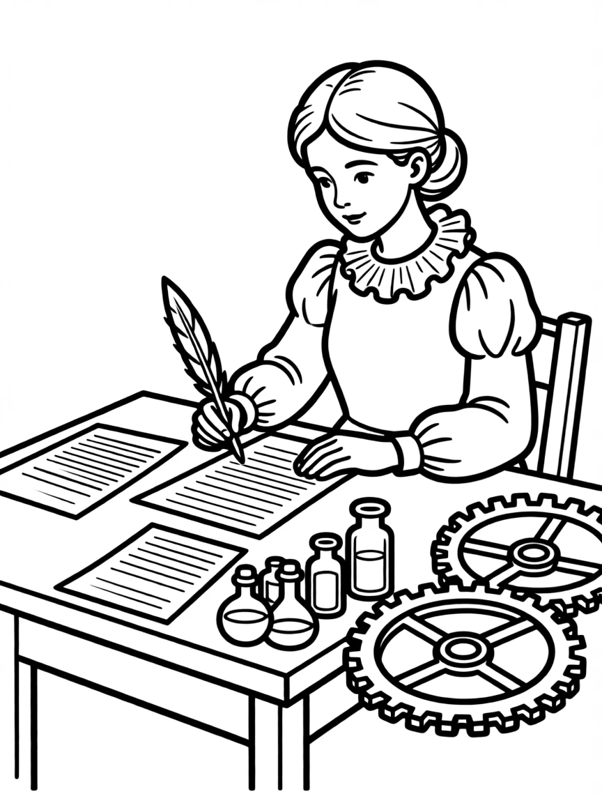 Jane Austen working on their famous invention or idea, with gears, papers, or lab equipment drawn simply.