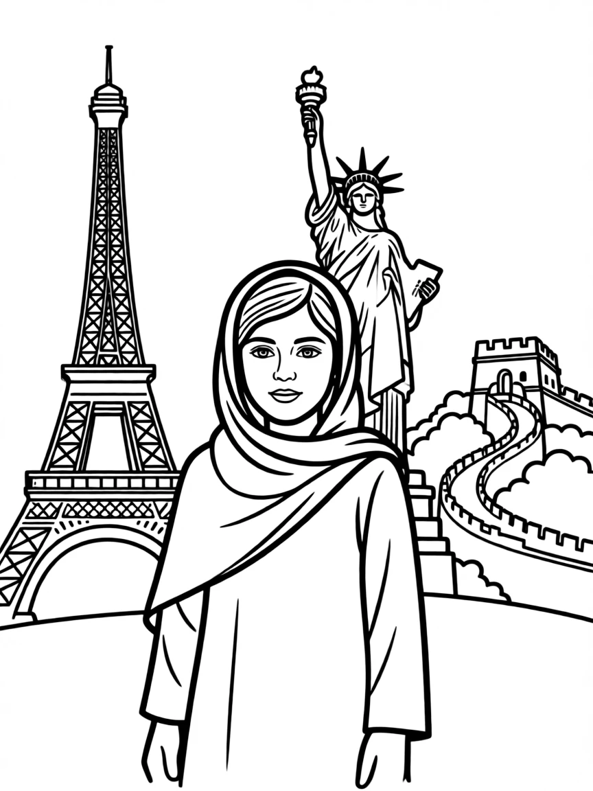Malala Yousafzai standing proudly with historical landmarks in the background, drawn with clear bold lines for coloring.