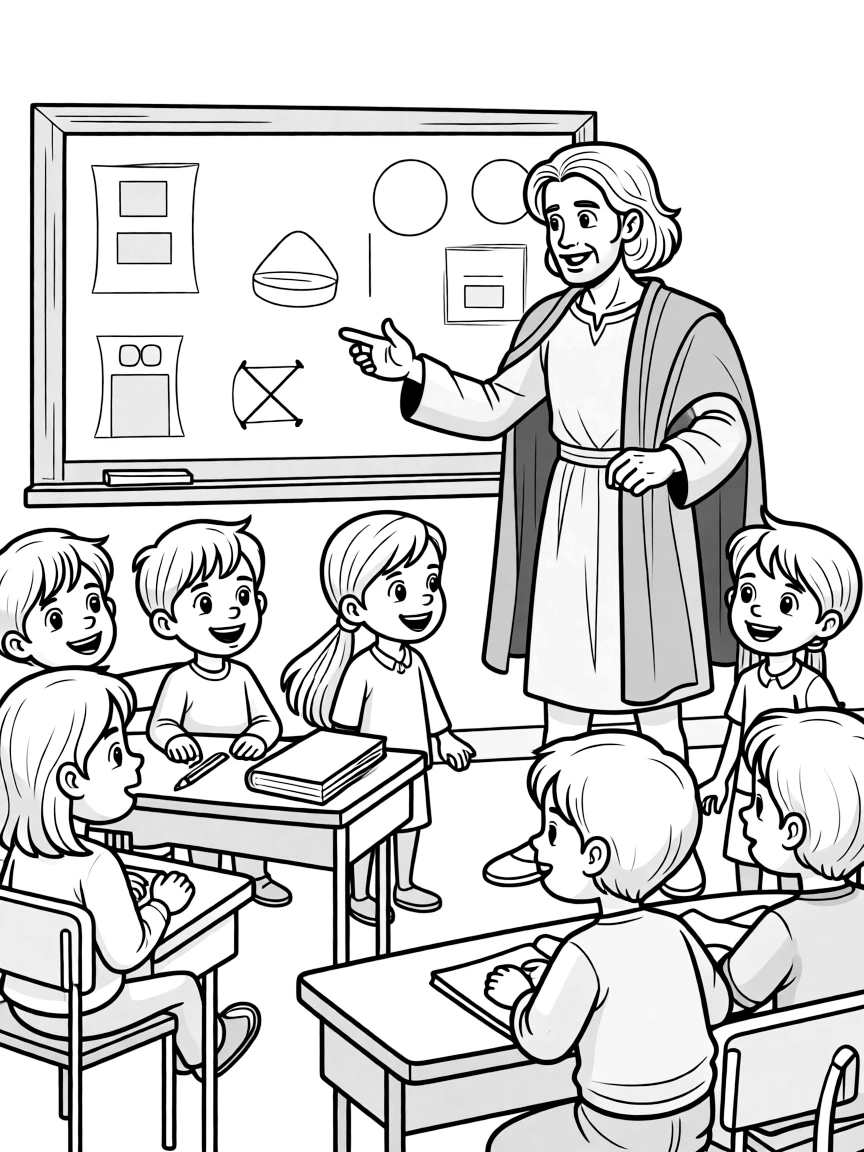 Christopher Columbus teaching children, with educational items like chalkboards and pencils, in a friendly classroom scene.