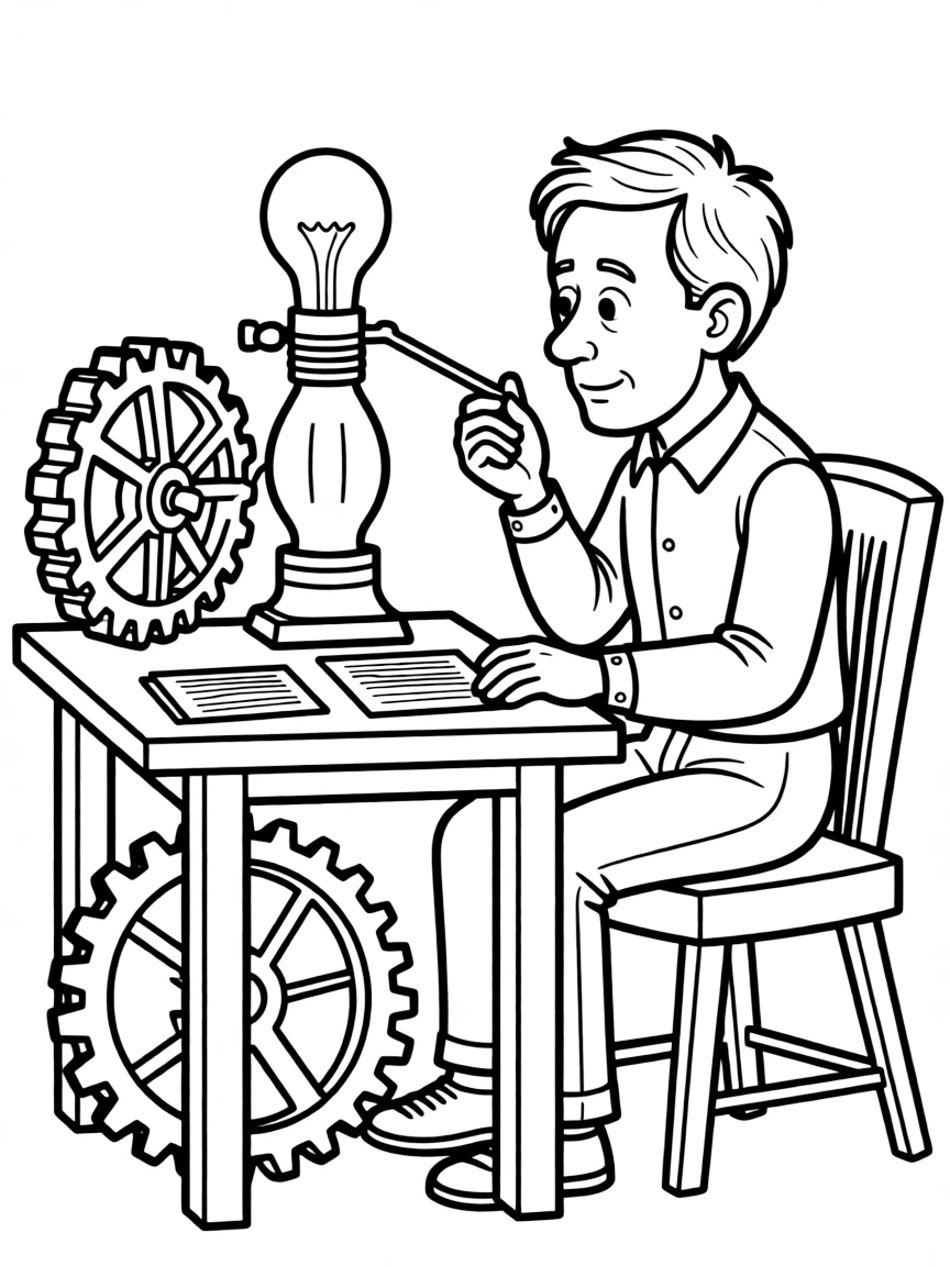 Thomas Edison working on their famous invention or idea, with gears, papers, or lab equipment drawn simply.