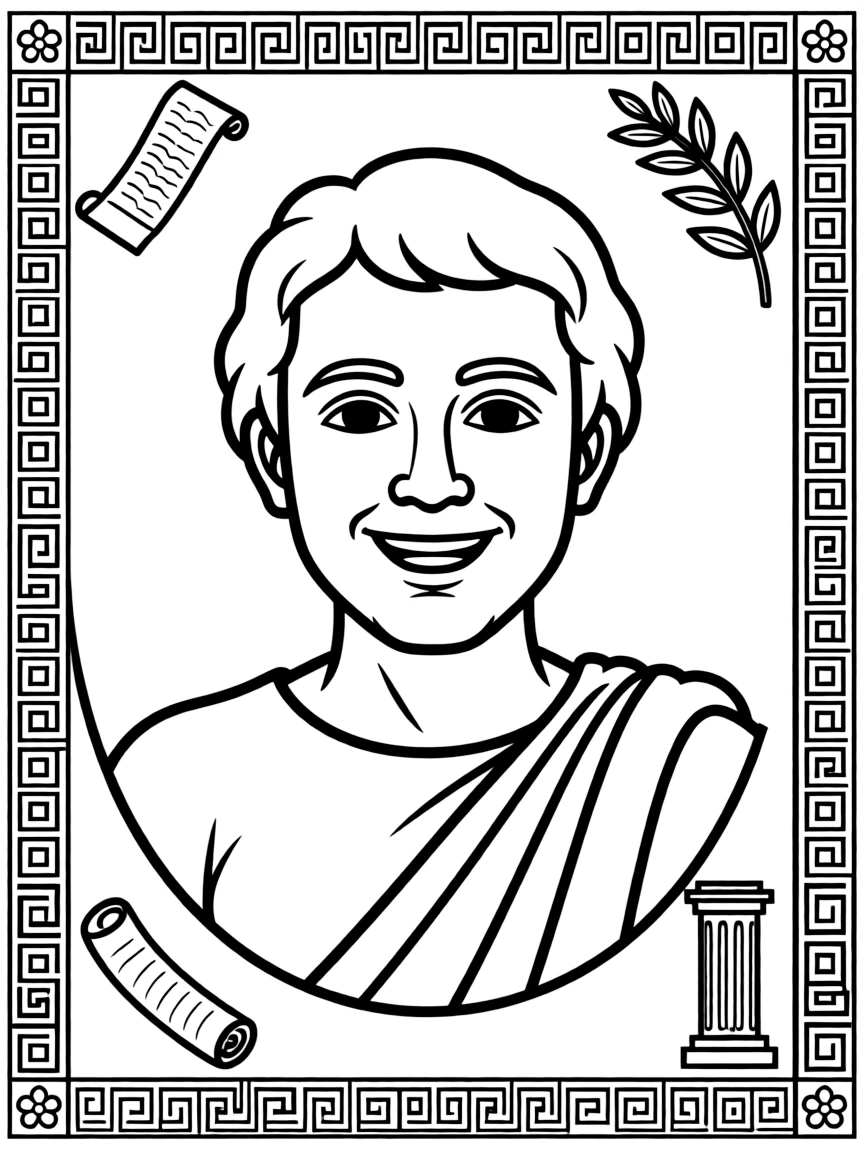 A portrait of Aristotle with a big smile, framed with decorative borders and symbols of their time period.
