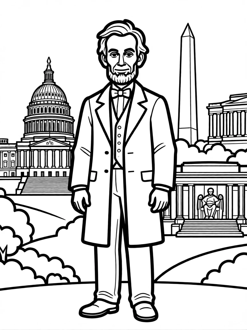Abraham Lincoln standing proudly with historical landmarks in the background, drawn with clear bold lines for coloring.