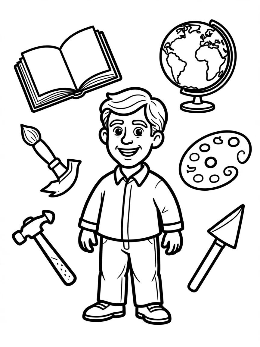 A cartoon-style drawing of Pablo Picasso surrounded by symbols of their achievements, like books, tools, or globes.