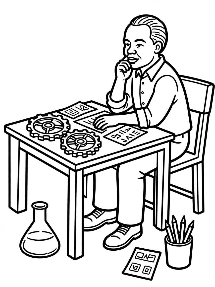 Martin Luther King Jr. working on their famous invention or idea, with gears, papers, or lab equipment drawn simply.