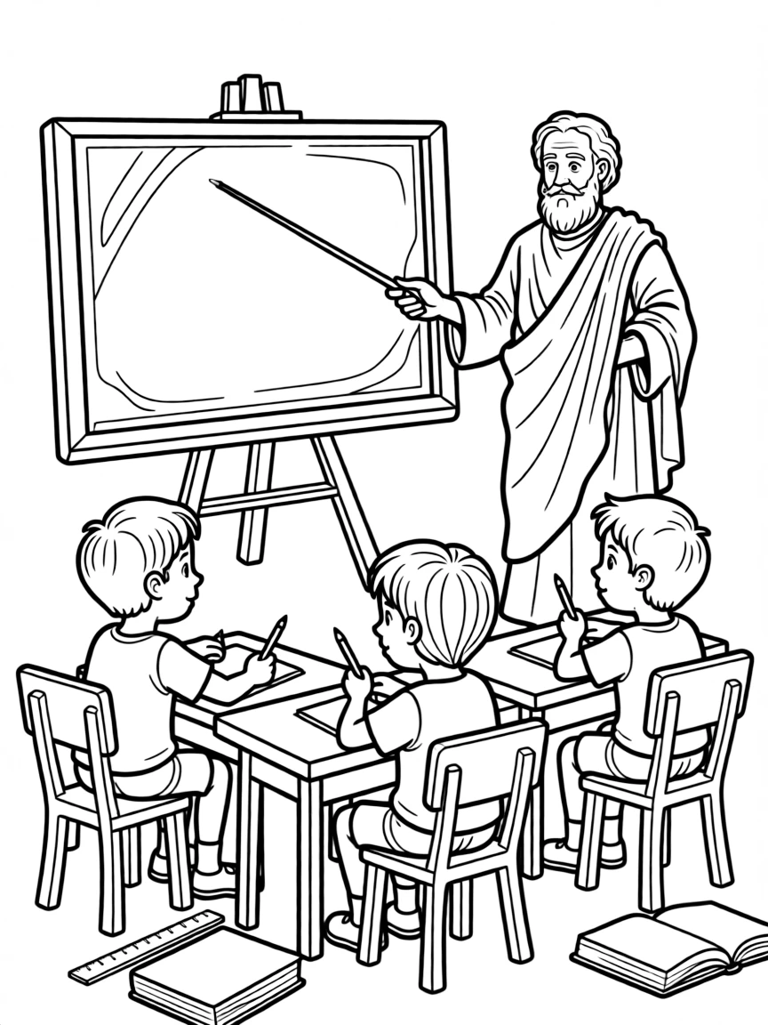 Socrates teaching children, with educational items like chalkboards and pencils, in a friendly classroom scene.