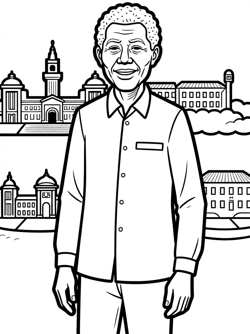 Nelson Mandela standing proudly with historical landmarks in the background, drawn with clear bold lines for coloring.