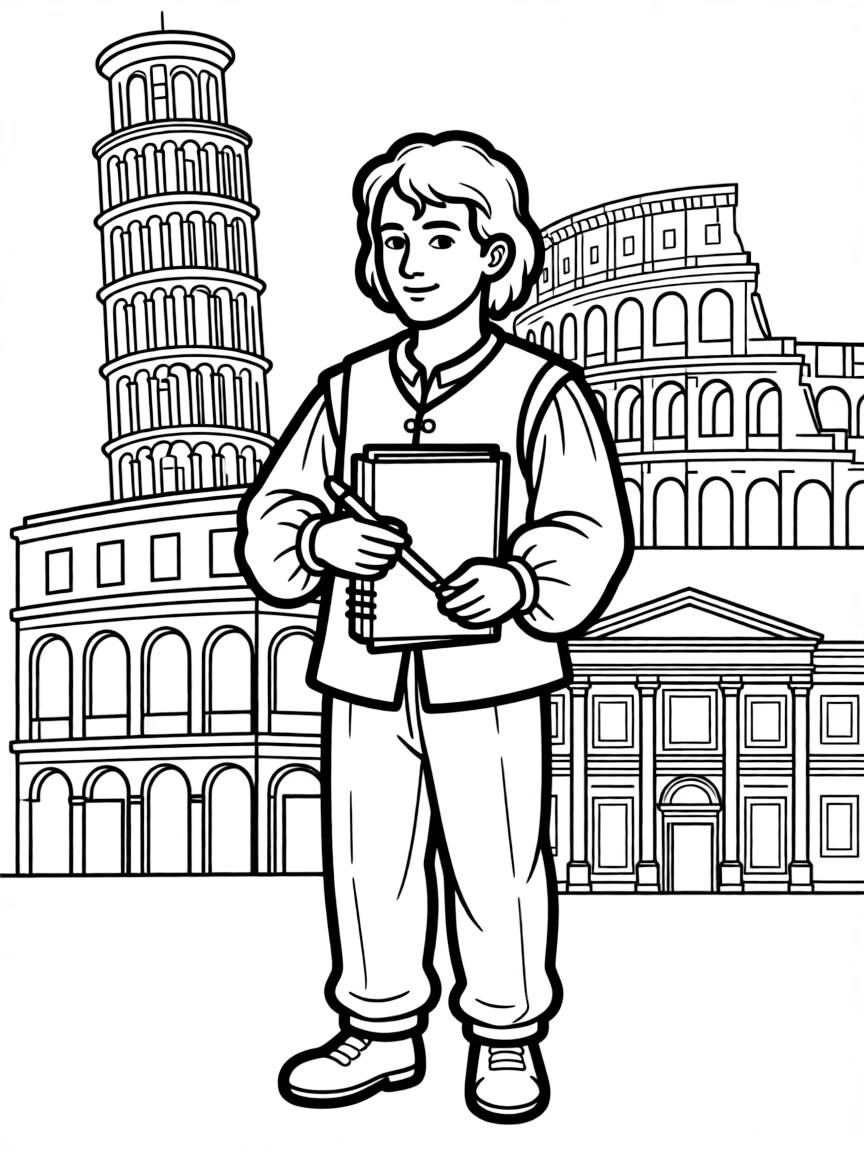 Leonardo da Vinci standing proudly with historical landmarks in the background, drawn with clear bold lines for coloring.