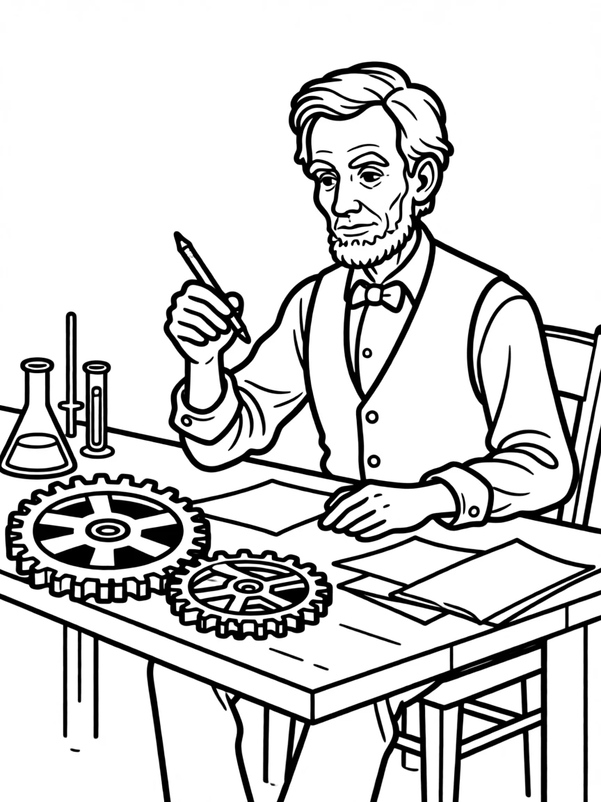 Abraham Lincoln working on their famous invention or idea, with gears, papers, or lab equipment drawn simply.
