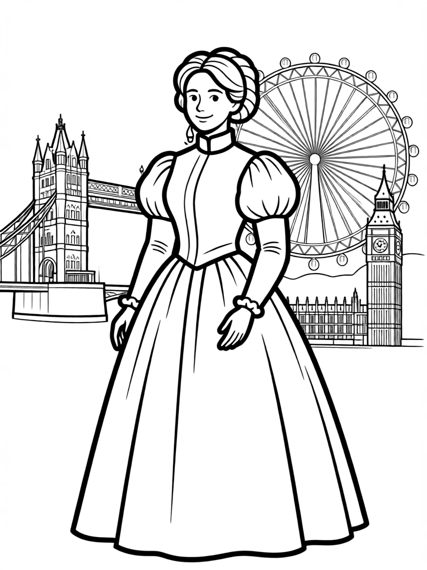Ada Lovelace standing proudly with historical landmarks in the background, drawn with clear bold lines for coloring.