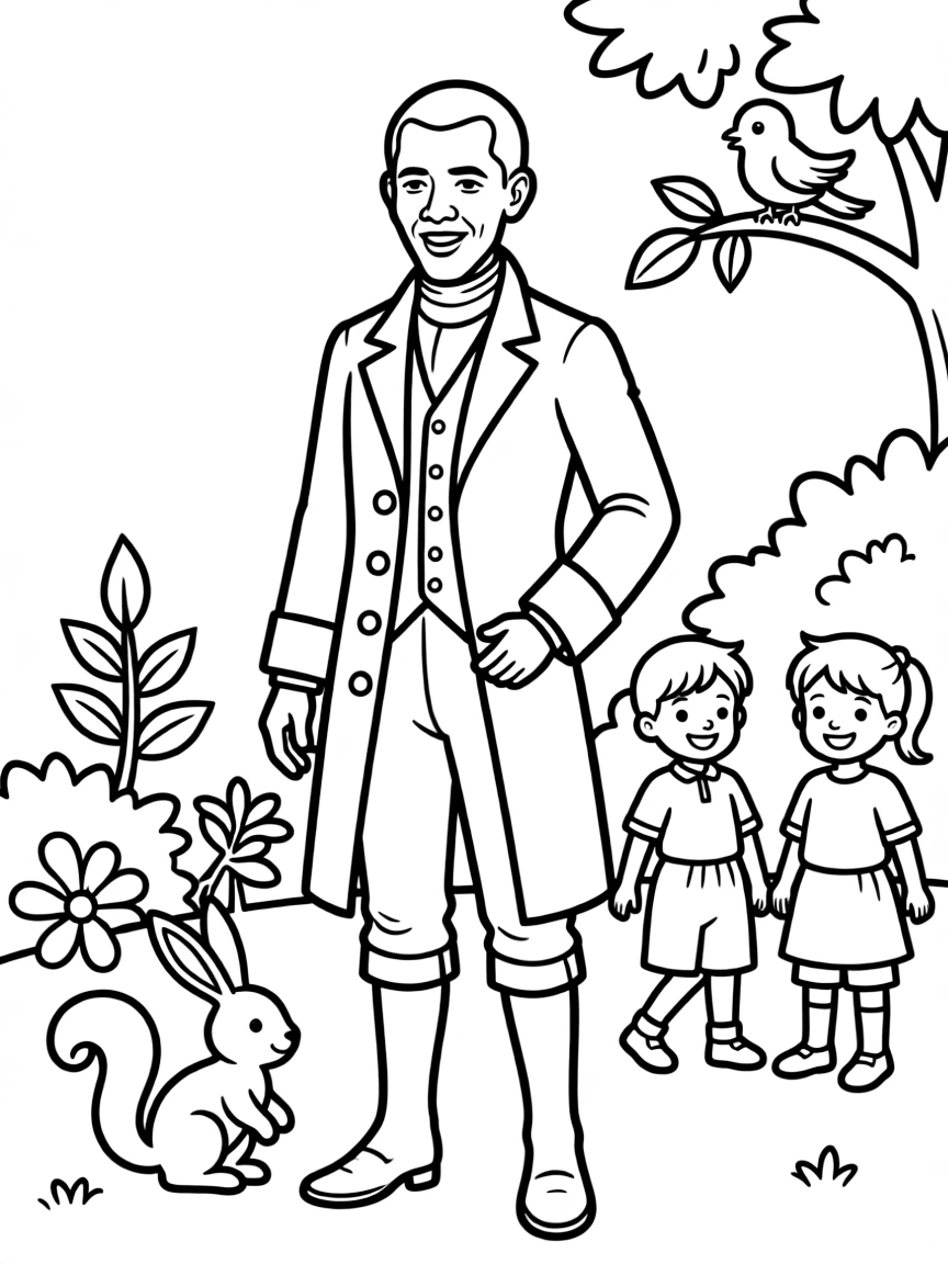 A playful scene showing Barack Obama in a historical outfit with animals, plants, or kids nearby.