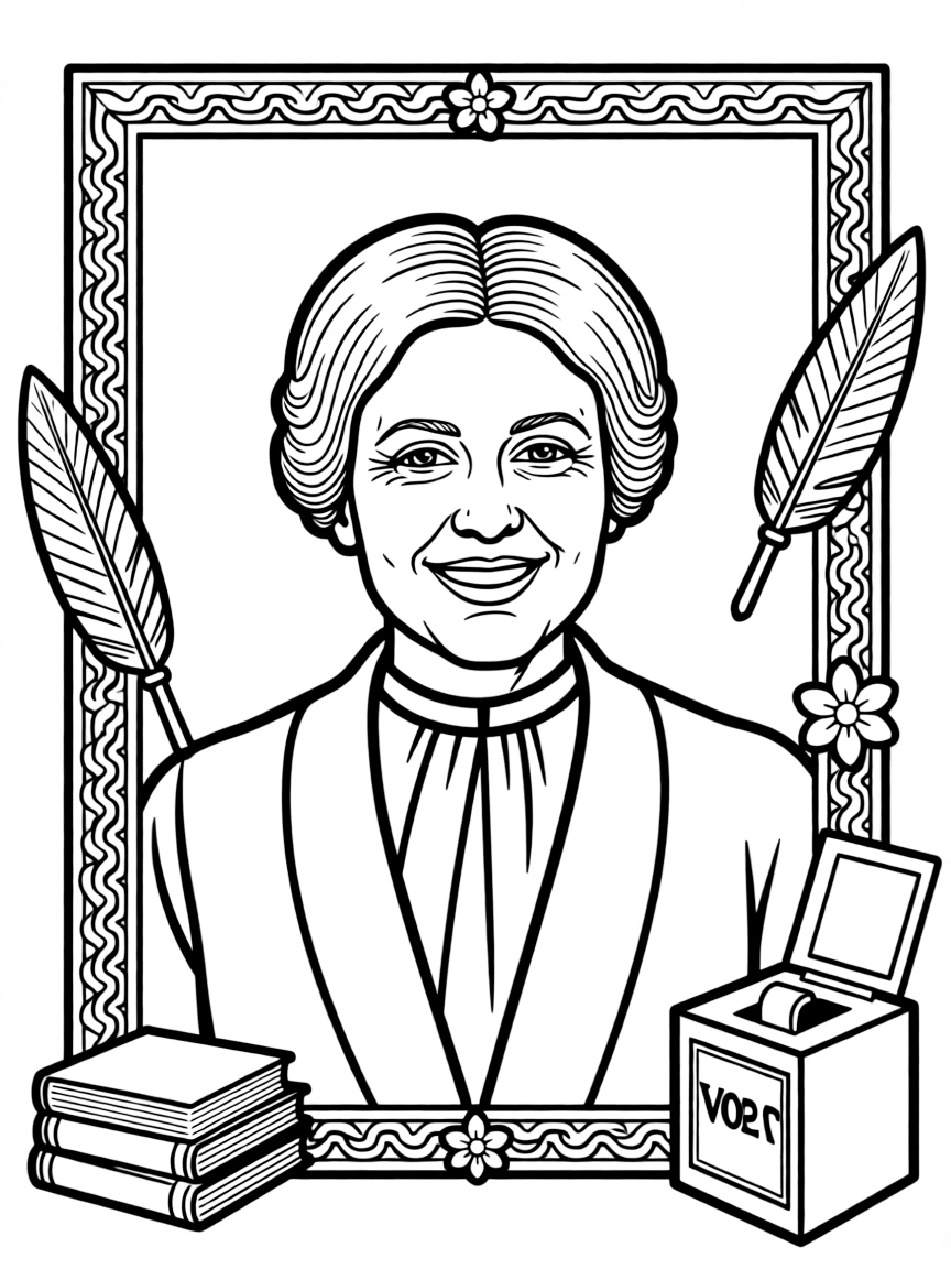 A portrait of Susan B. Anthony with a big smile, framed with decorative borders and symbols of their time period.