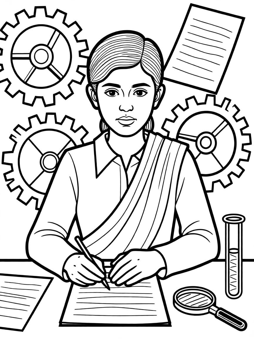 Malala Yousafzai working on their famous invention or idea, with gears, papers, or lab equipment drawn simply.