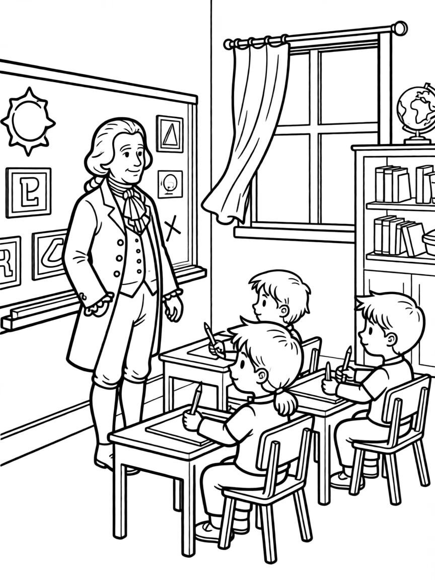 Benjamin Franklin teaching children, with educational items like chalkboards and pencils, in a friendly classroom scene.