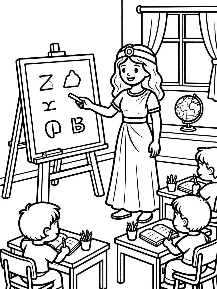 Cleopatra teaching children, with educational items like chalkboards and pencils, in a friendly classroom scene.