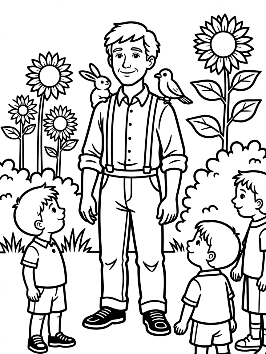 A playful scene showing Thomas Edison in a historical outfit with animals, plants, or kids nearby.