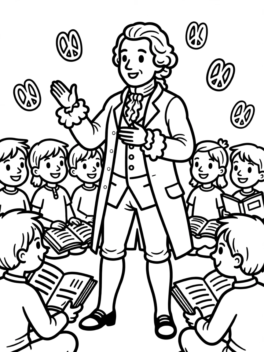 A fun coloring page of Isaac Newton giving a speech to children with books and peace signs around.