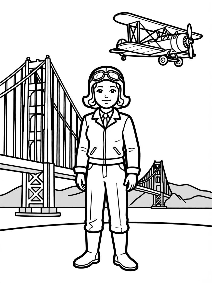 Amelia Earhart standing proudly with historical landmarks in the background, drawn with clear bold lines for coloring.