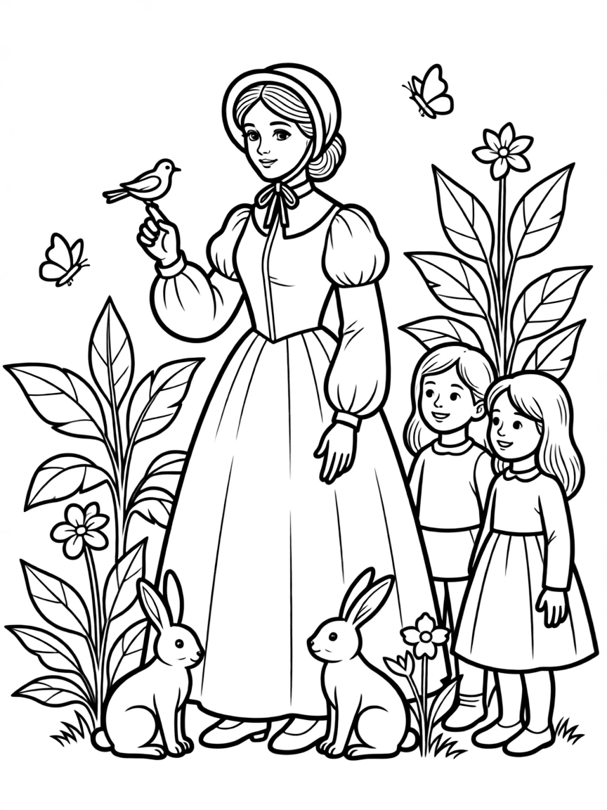 A playful scene showing Ada Lovelace in a historical outfit with animals, plants, or kids nearby.