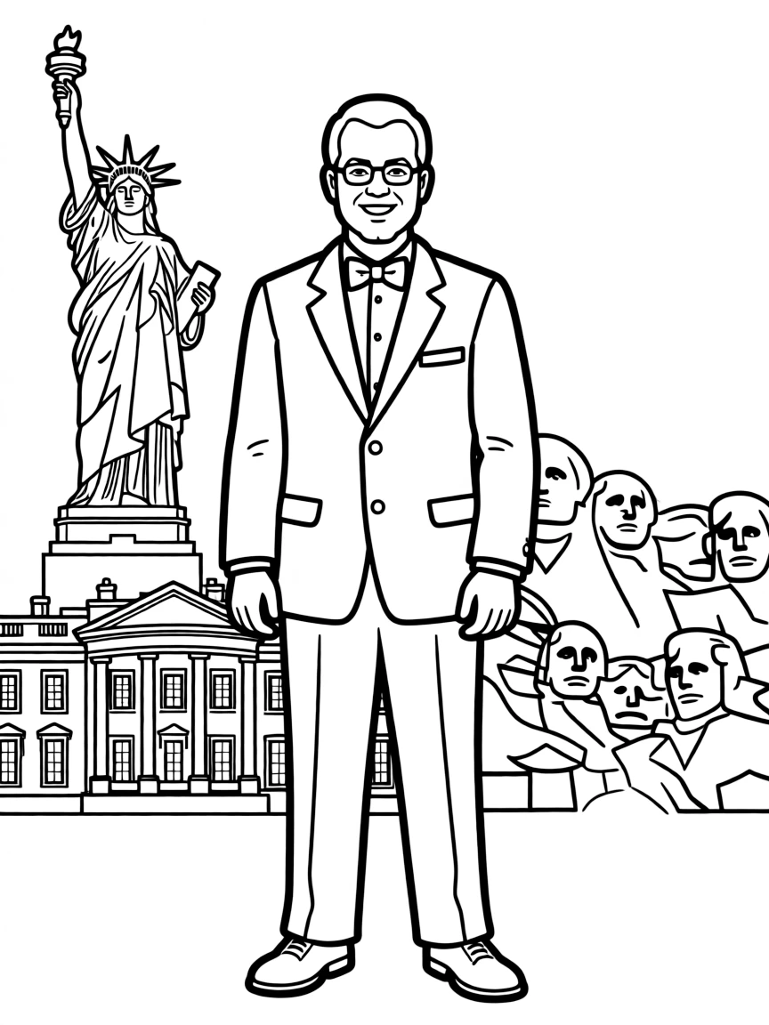 Theodore Roosevelt standing proudly with historical landmarks in the background, drawn with clear bold lines for coloring.
