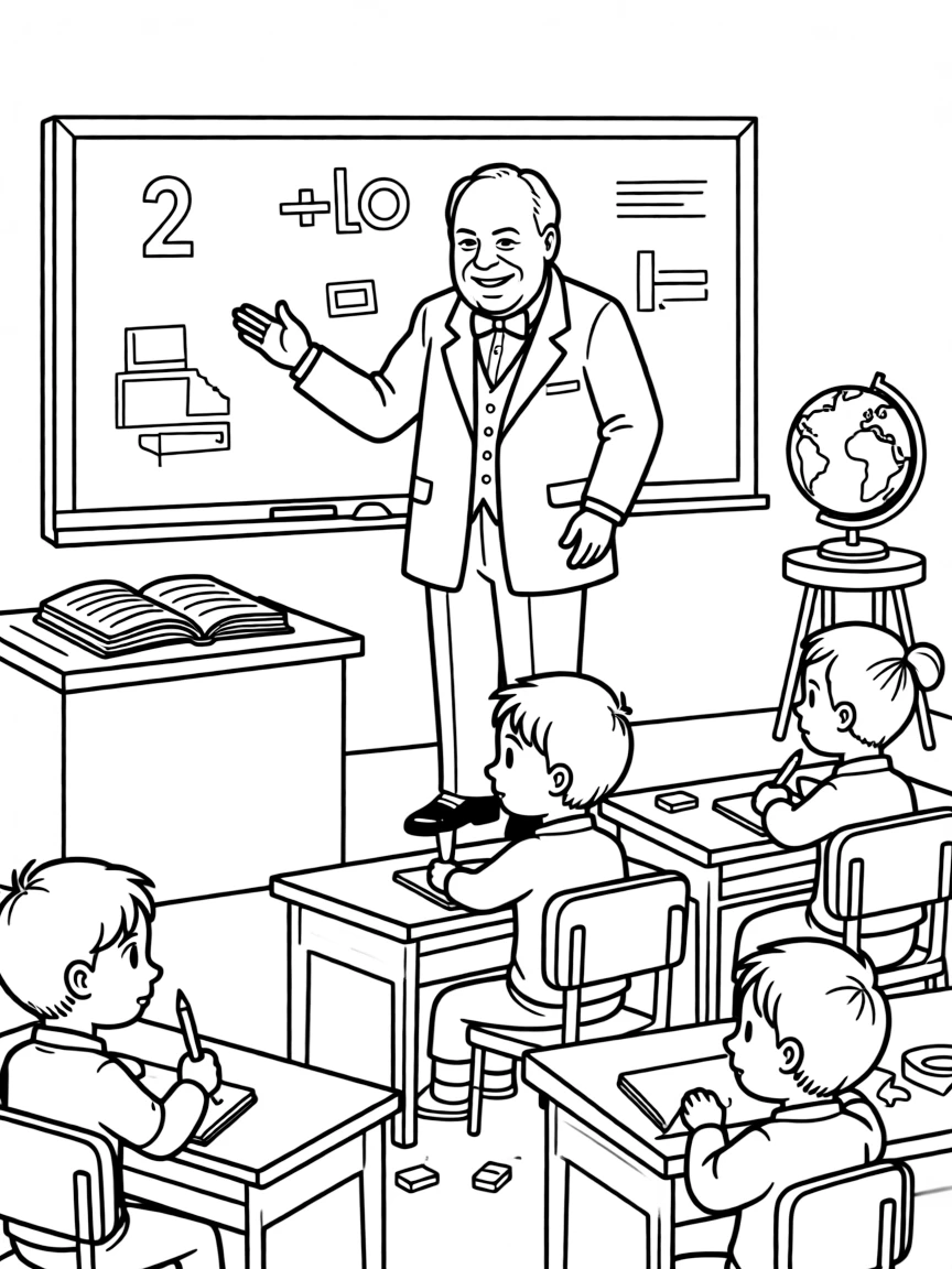Winston Churchill teaching children, with educational items like chalkboards and pencils, in a friendly classroom scene.