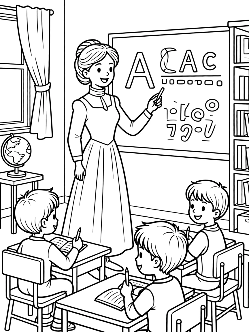 Jane Austen teaching children, with educational items like chalkboards and pencils, in a friendly classroom scene.
