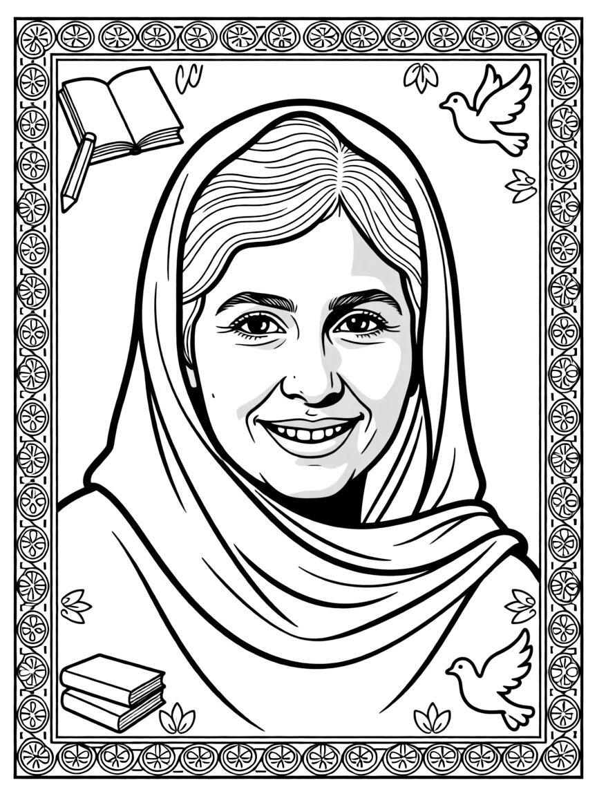 A portrait of Malala Yousafzai with a big smile, framed with decorative borders and symbols of their time period.