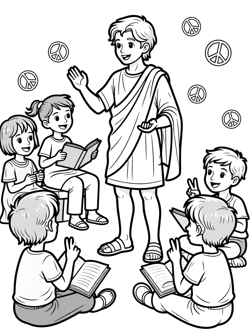 A fun coloring page of Alexander the Great giving a speech to children with books and peace signs around.