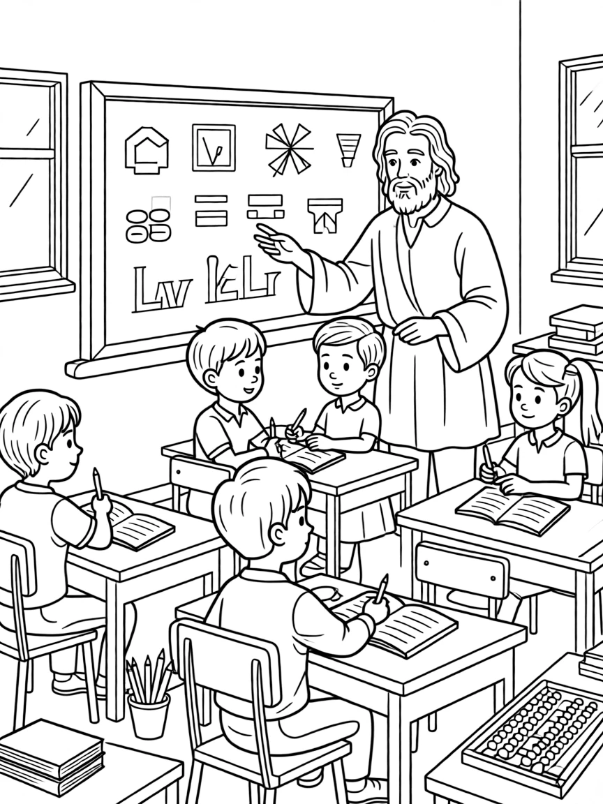 Leonardo da Vinci teaching children, with educational items like chalkboards and pencils, in a friendly classroom scene.