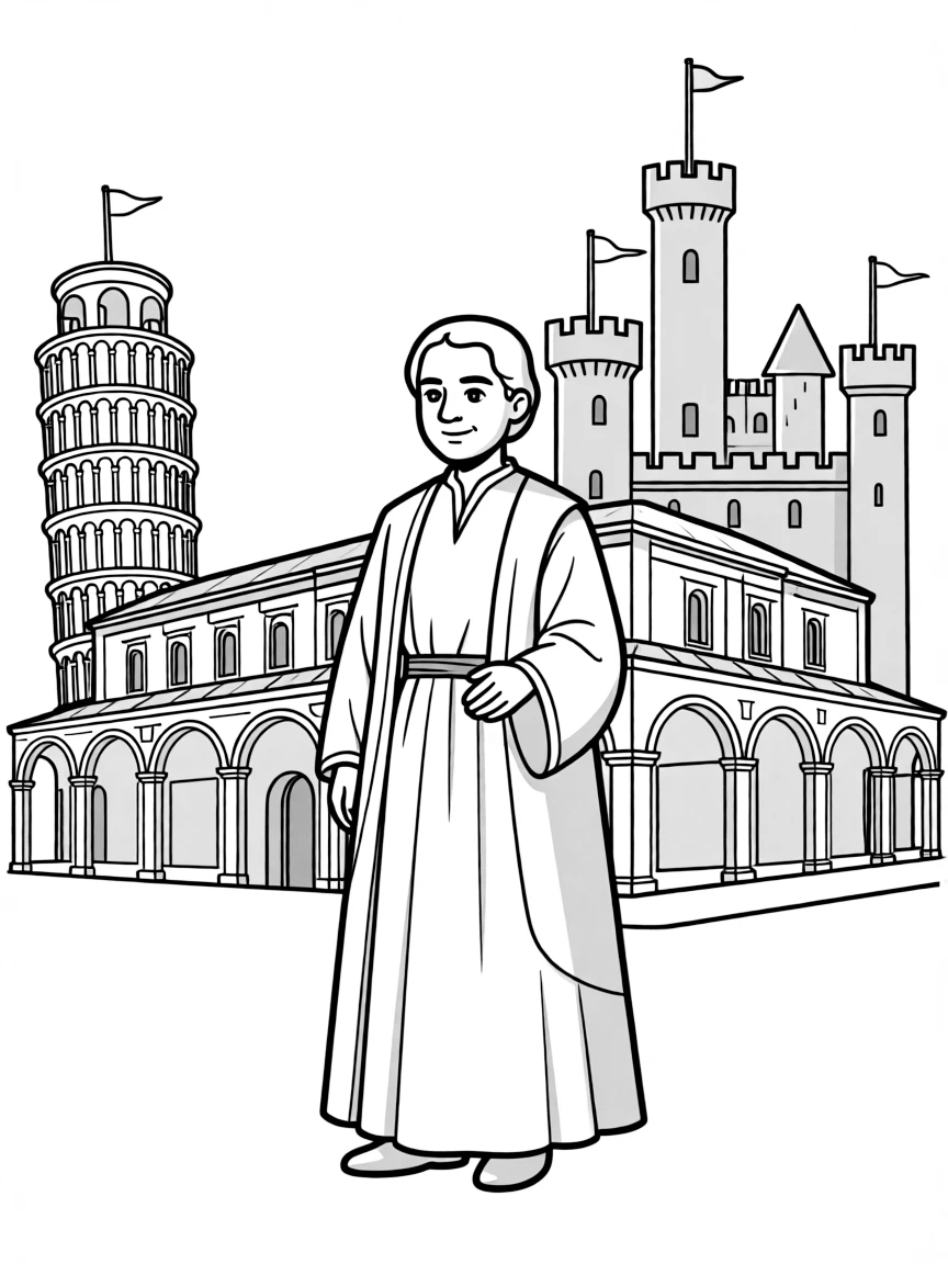Leonardo da Vinci standing proudly with historical landmarks in the background, drawn with clear bold lines for coloring.