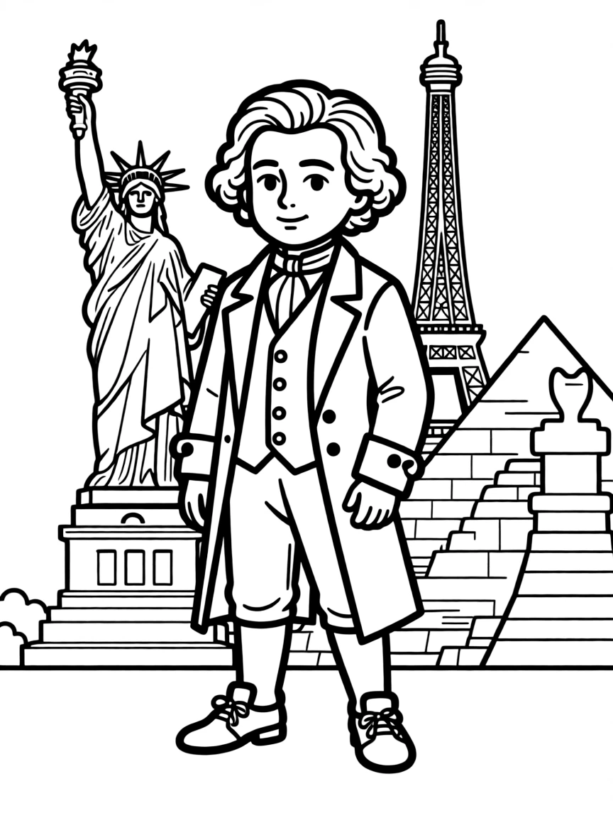 Beethoven standing proudly with historical landmarks in the background, drawn with clear bold lines for coloring.