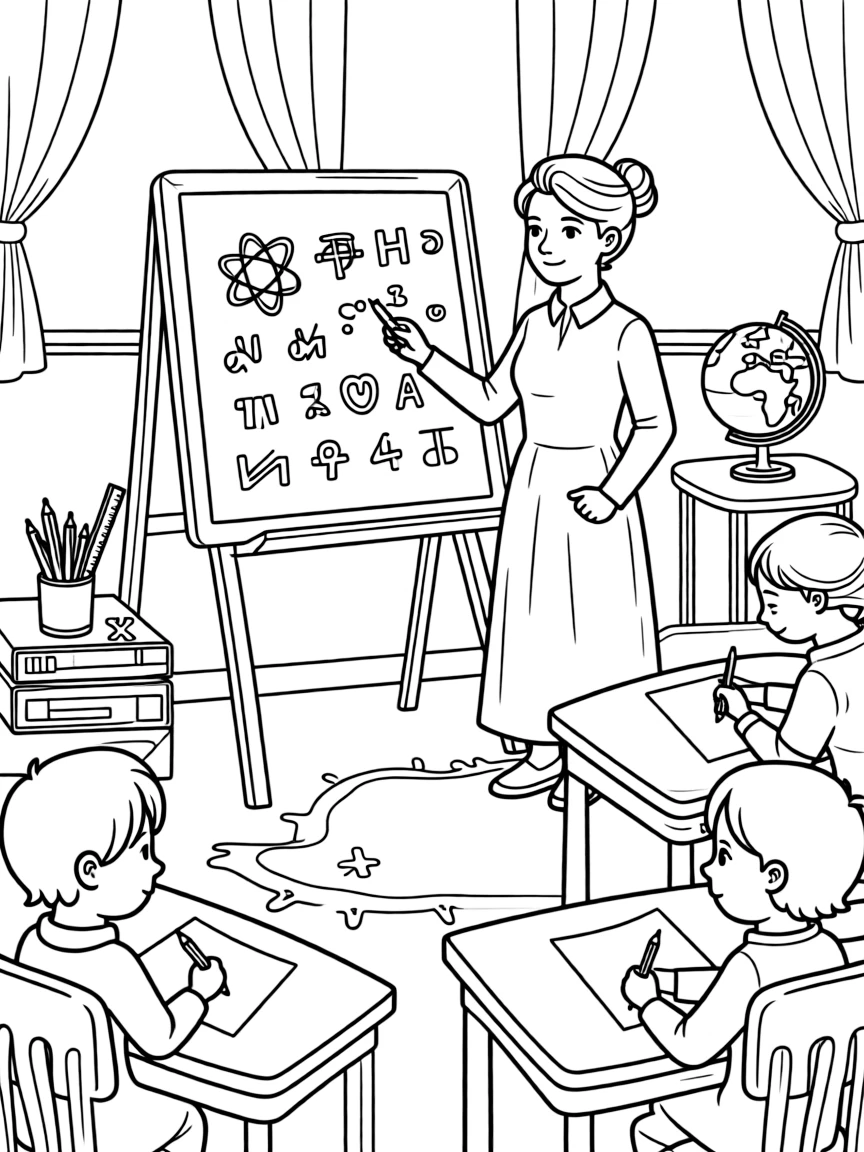 Marie Curie teaching children, with educational items like chalkboards and pencils, in a friendly classroom scene.