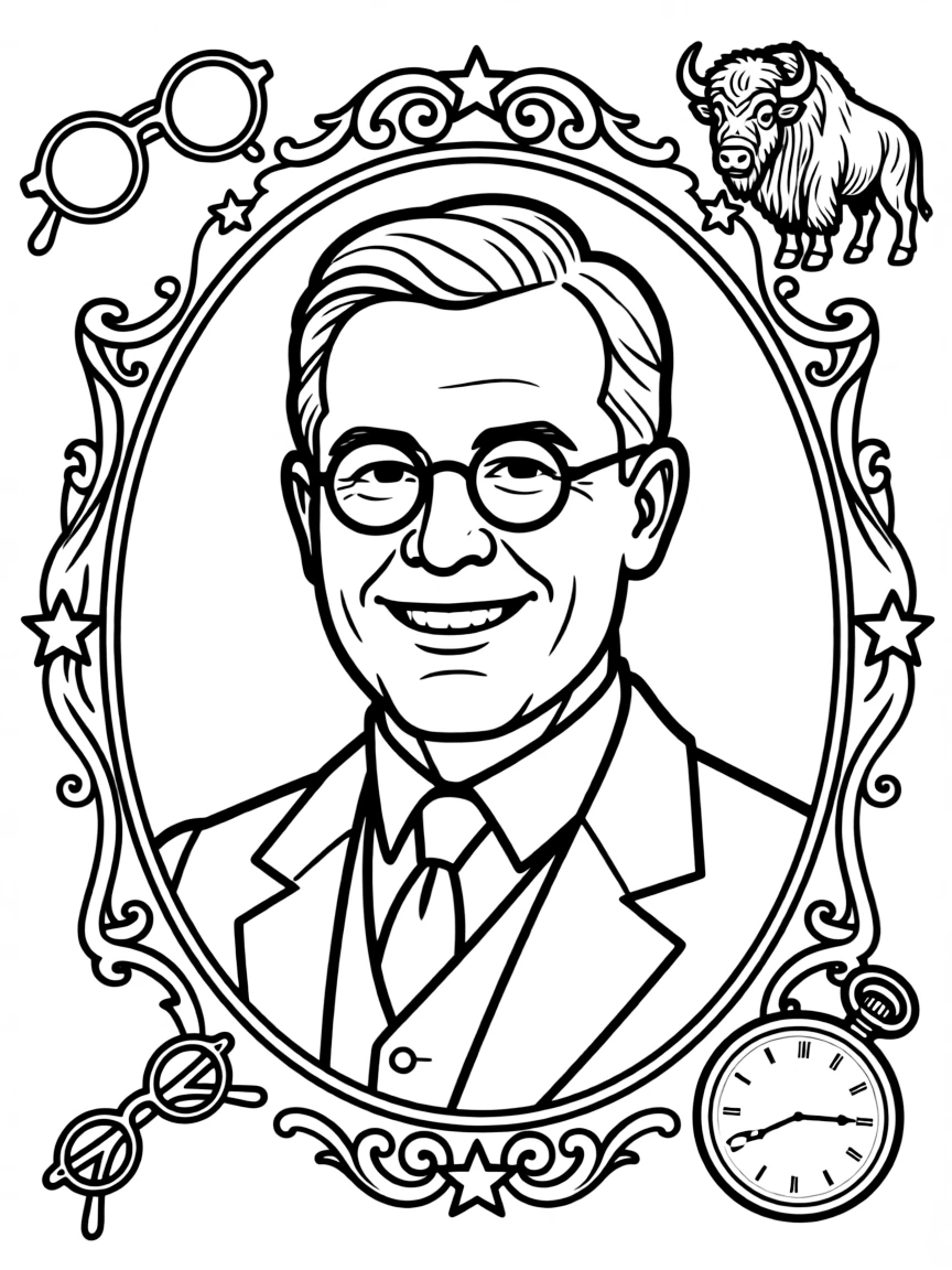 A portrait of Theodore Roosevelt with a big smile, framed with decorative borders and symbols of their time period.