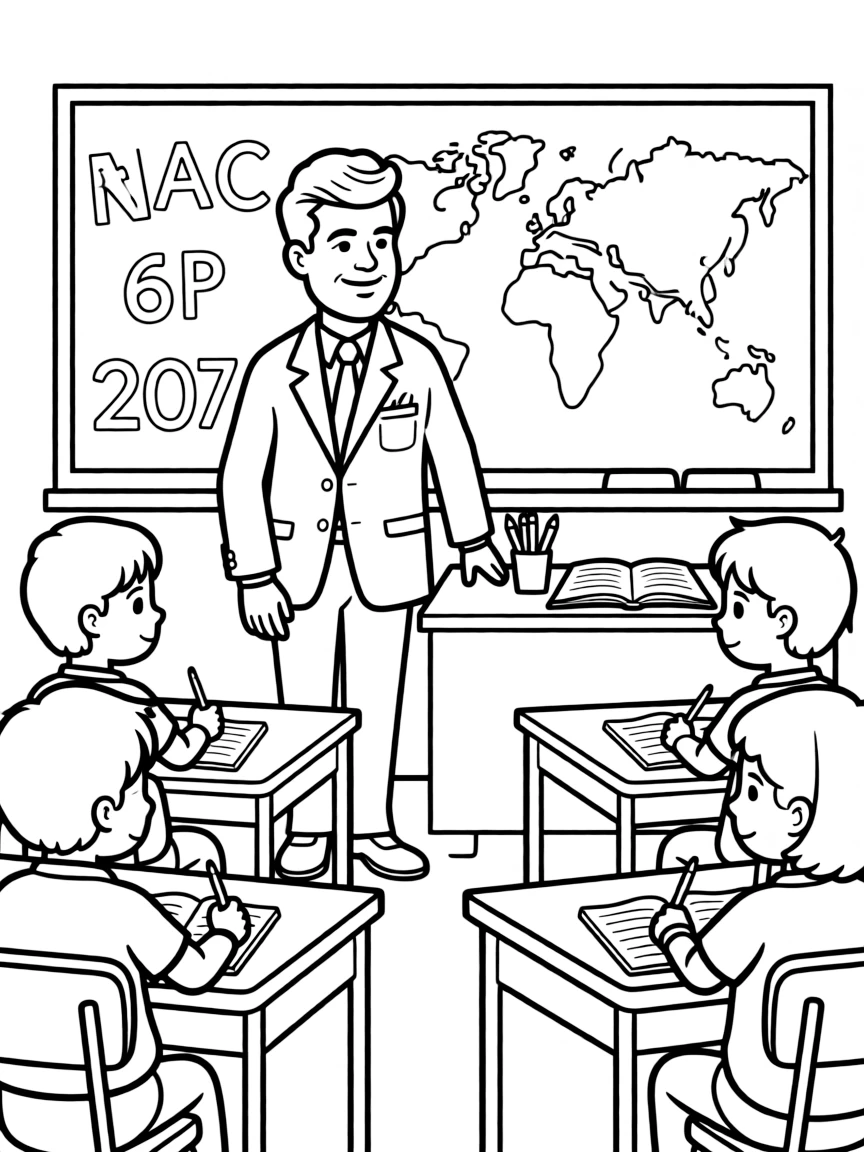 John F. Kennedy teaching children, with educational items like chalkboards and pencils, in a friendly classroom scene.