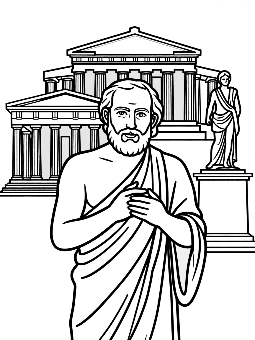 Socrates standing proudly with historical landmarks in the background, drawn with clear bold lines for coloring.