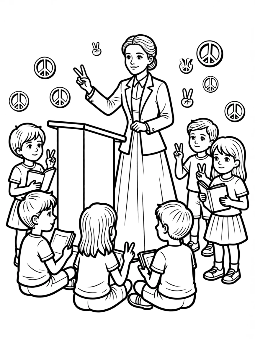 A fun coloring page of Marie Curie giving a speech to children with books and peace signs around.