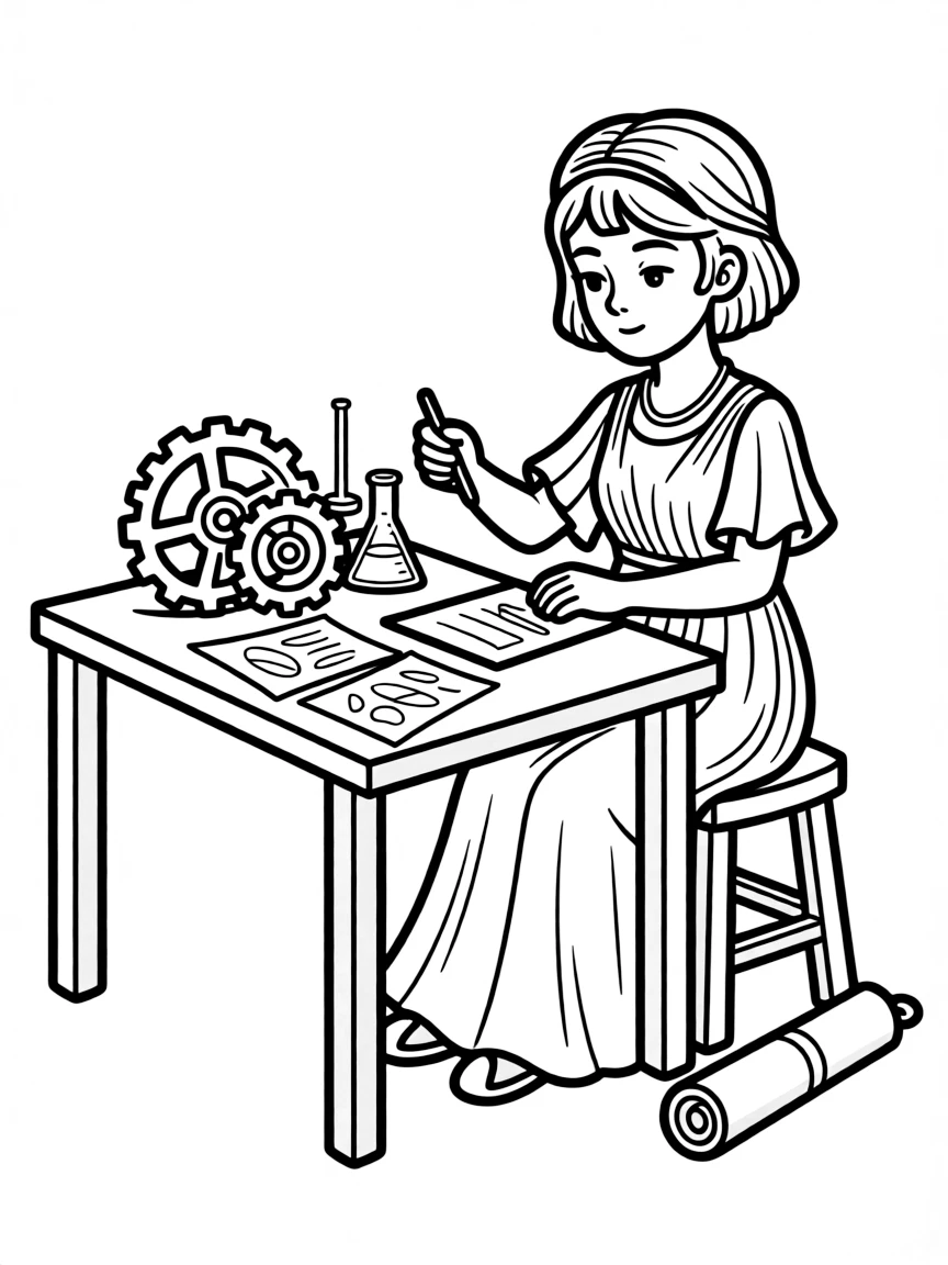 Cleopatra working on their famous invention or idea, with gears, papers, or lab equipment drawn simply.