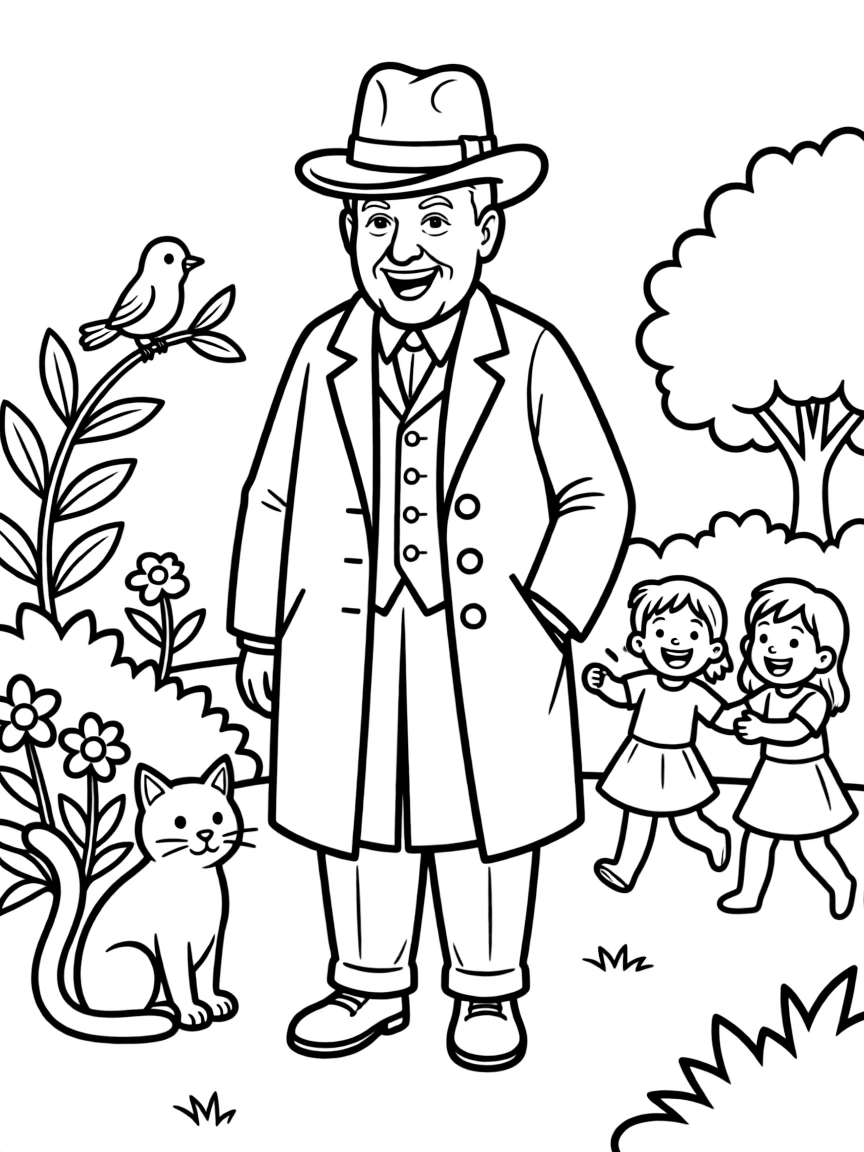 A playful scene showing Winston Churchill in a historical outfit with animals, plants, or kids nearby.