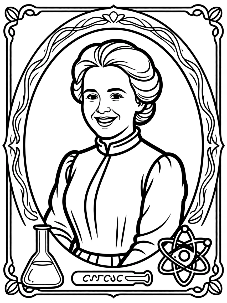 A portrait of Marie Curie with a big smile, framed with decorative borders and symbols of their time period.