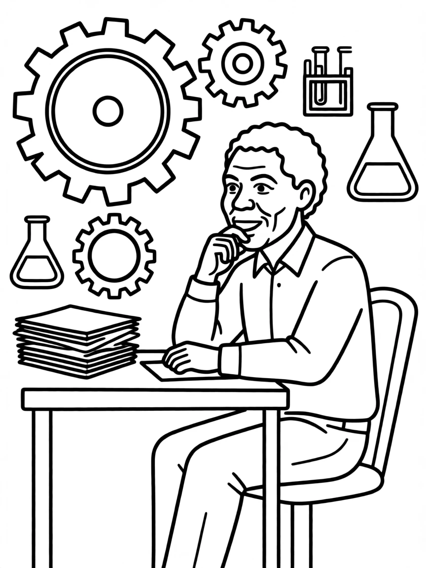 Nelson Mandela working on their famous invention or idea, with gears, papers, or lab equipment drawn simply.