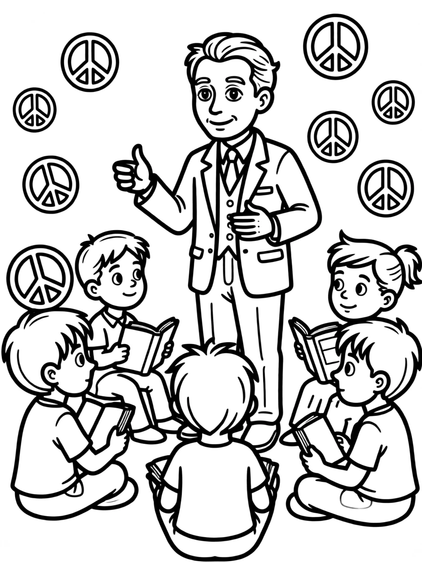 A fun coloring page of Thomas Edison giving a speech to children with books and peace signs around.
