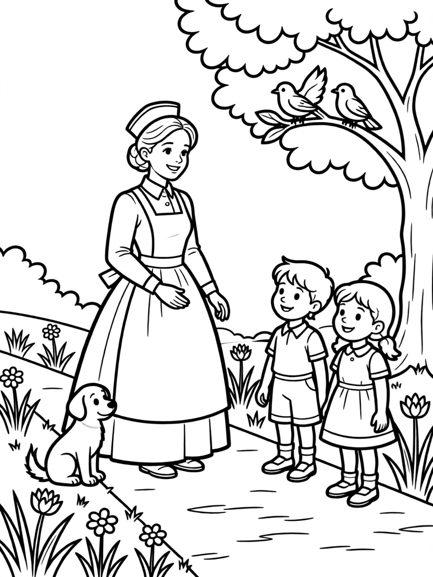 A playful scene showing Florence Nightingale in a historical outfit with animals, plants, or kids nearby.