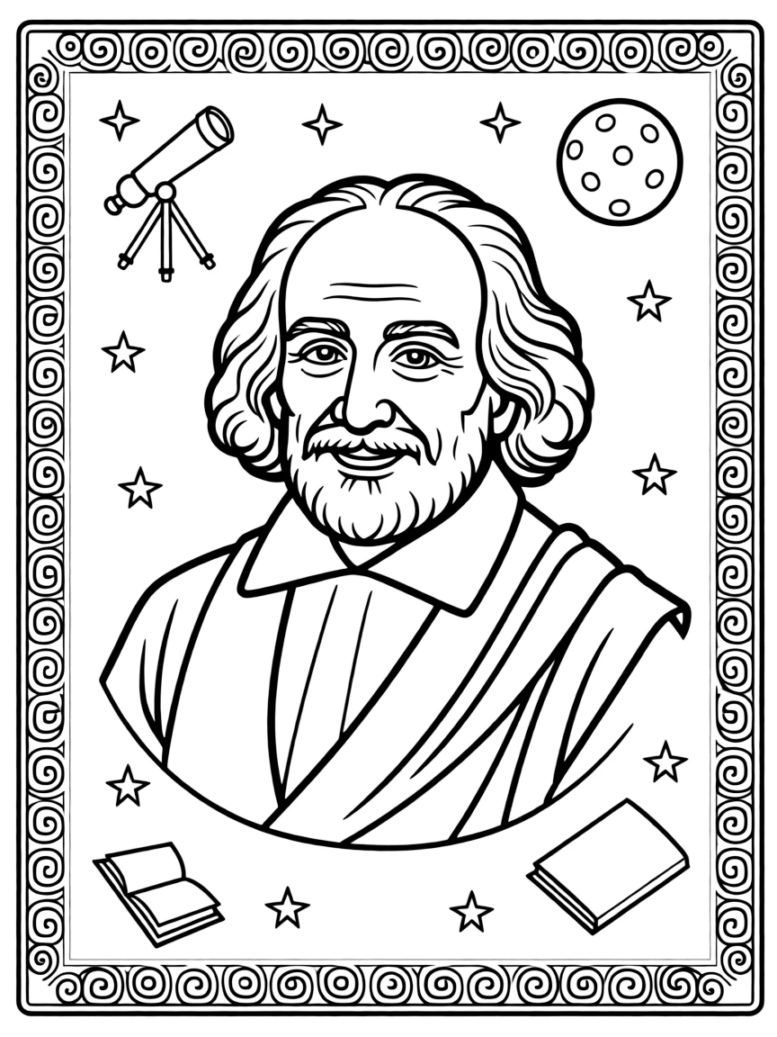 A portrait of Galileo Galilei with a big smile, framed with decorative borders and symbols of their time period.