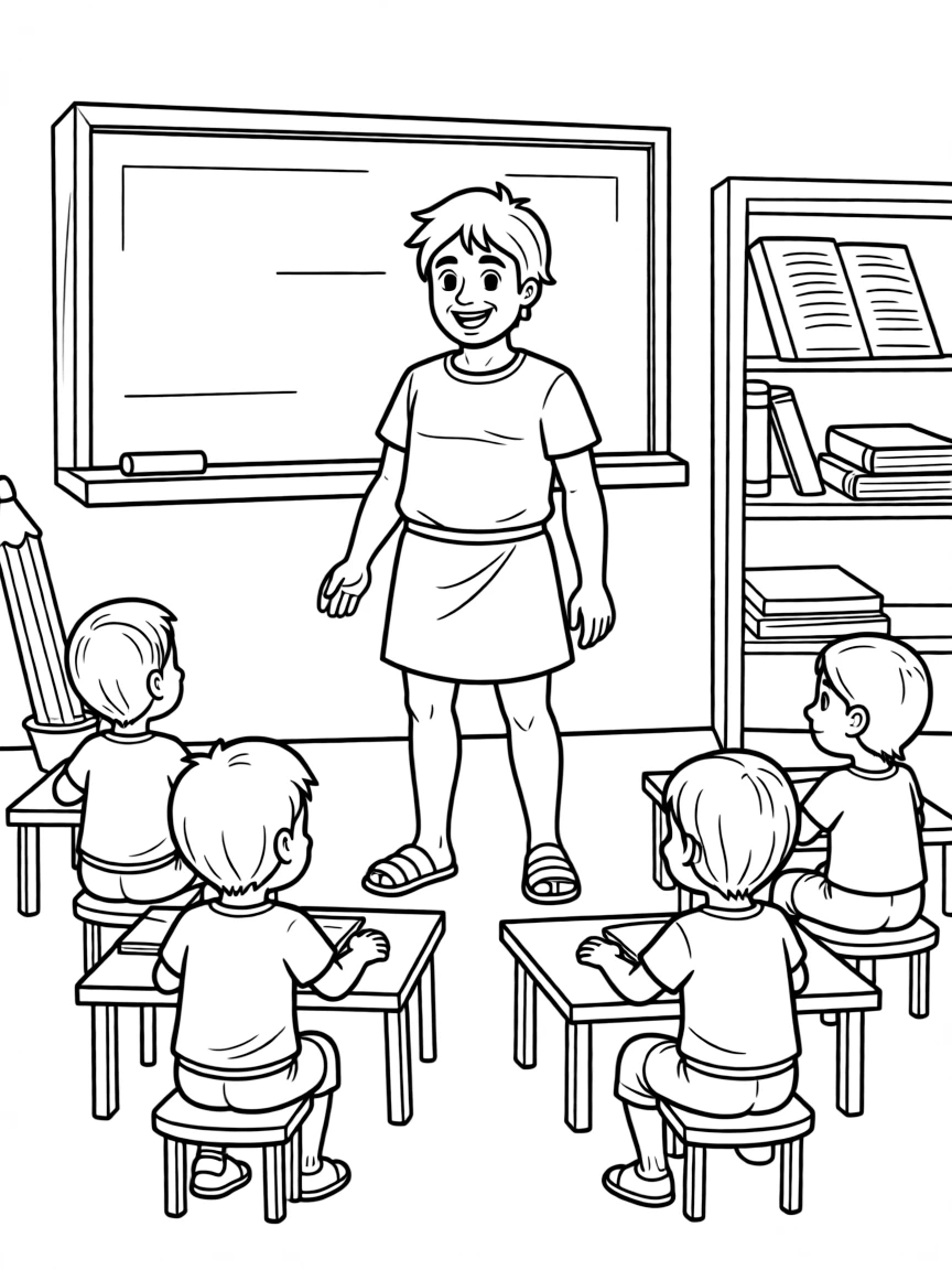Alexander the Great teaching children, with educational items like chalkboards and pencils, in a friendly classroom scene.