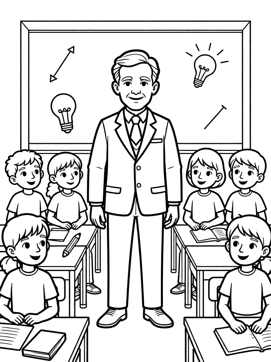 Thomas Edison teaching children, with educational items like chalkboards and pencils, in a friendly classroom scene.