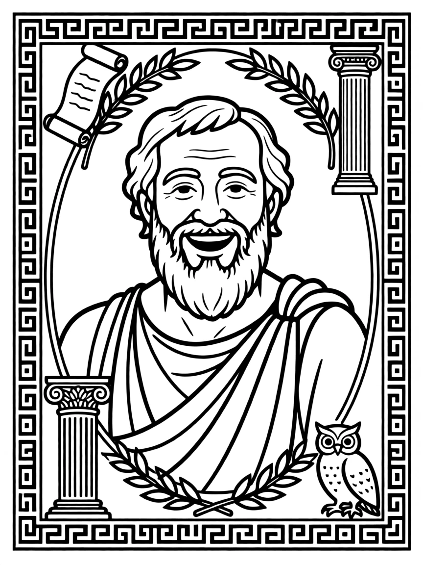 A portrait of Plato with a big smile, framed with decorative borders and symbols of their time period.