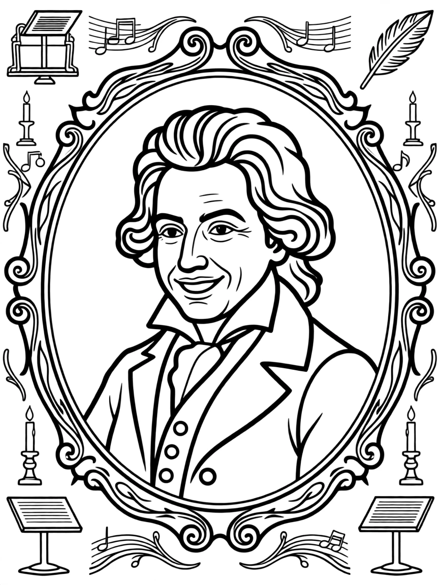 A portrait of Beethoven with a big smile, framed with decorative borders and symbols of their time period.