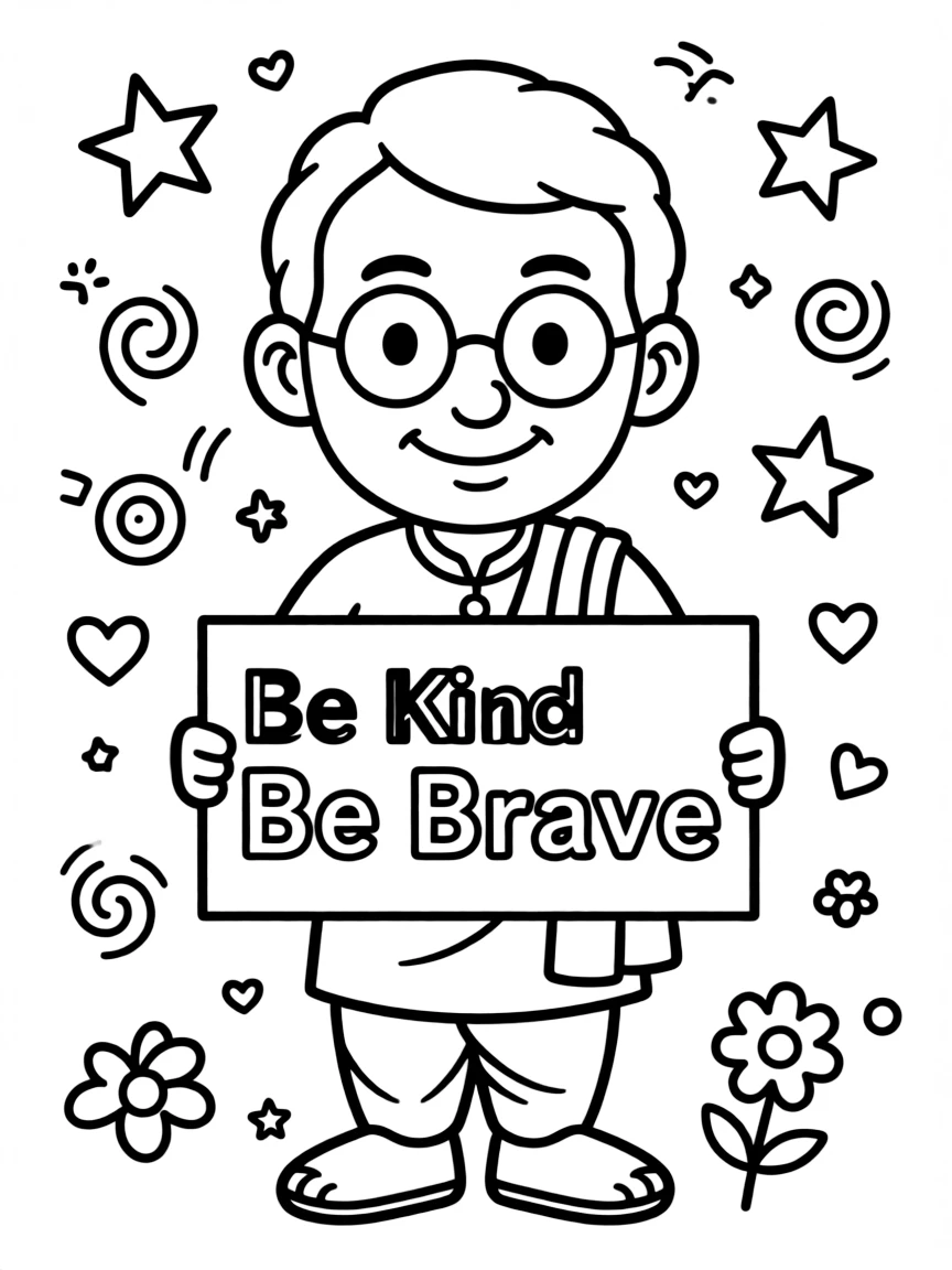 A cute coloring page of Mahatma Gandhi holding a sign about kindness or bravery, with stars and doodles around.
