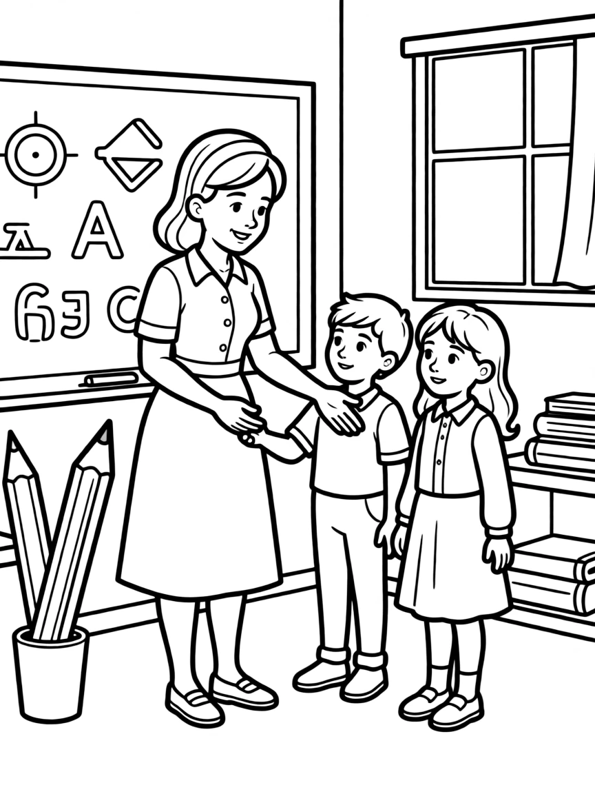 Helen Keller teaching children, with educational items like chalkboards and pencils, in a friendly classroom scene.